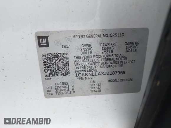 2018 GMC Acadia SLE with VIN 1GKKNLLAXJZ187958, listed as a IAAI auction lot 41536042 with 148,137 mi miles and . Bid and sale history available at DreamBid. Image 9.