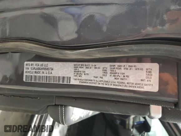 2024 Jeep Grand Cherokee Limited z VIN 1C4RJKBG8R8583734, wystawiony jako Copart lot #43807285 z przebiegiem 8 900 mil mil oraz Szkoda całkowita • Salvage title. Historia ofert i sprzedaży dostępna na DreamBid. Obrazek 14.