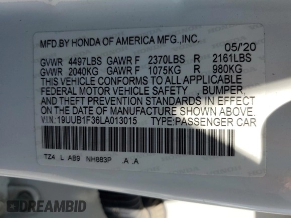 2020 Acura TLX with VIN 19UUB1F36LA013015, listed as a Copart auction lot 62006415 with 85,196 mi miles and Salvage title. Bid and sale history available at DreamBid. Image 12.