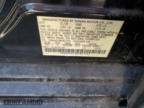 2008 Nissan Maxima 3.5 SE with VIN 1N4BA41E48C827541, listed as a Copart auction lot 76682744 with 0 mi miles and Salvage Title. Bid and sale history available at carsss.com. Image 12.