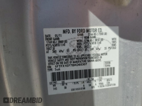 2011 Ford F-150 XL with VIN 1FTFX1EF7BKD65307, listed as a Copart auction lot 62661645 with 153,840 mi miles and Clean title. Bid and sale history available at DreamBid. Image 12.