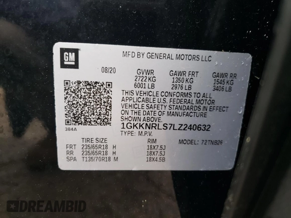 2020 GMC Acadia SLE with VIN 1GKKNRLS7LZ240632, listed as a Copart auction lot 52028205 with 51,767 mi miles and Salvage title. Bid and sale history available at DreamBid. Image 13.