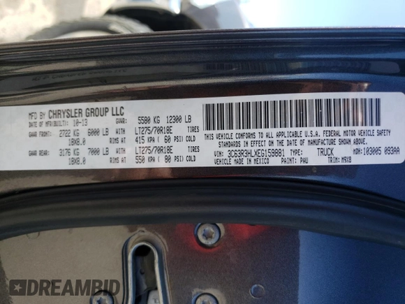 2014 Ram 3500 SLT with VIN 3C63R3HLXEG159881, listed as a Copart auction lot 47125135 with 118,443 mi miles and Salvage Title. Bid and sale history available at carsss.com. Image 12.