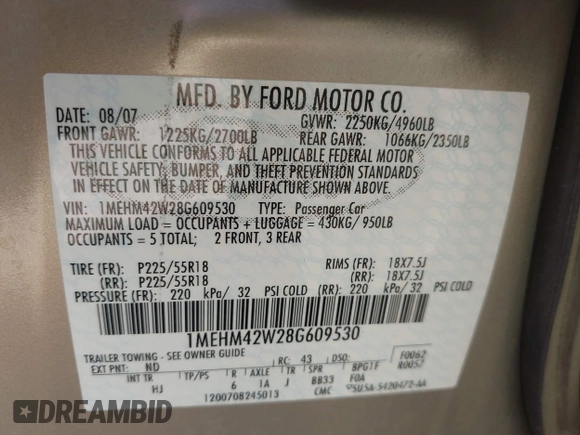 2008 Mercury Sable Premier z VIN 1MEHM42W28G609530, wystawiony jako IAAI lot #42039921 z przebiegiem 172 737 mil mil oraz . Historia ofert i sprzedaży dostępna na DreamBid. Obrazek 9.