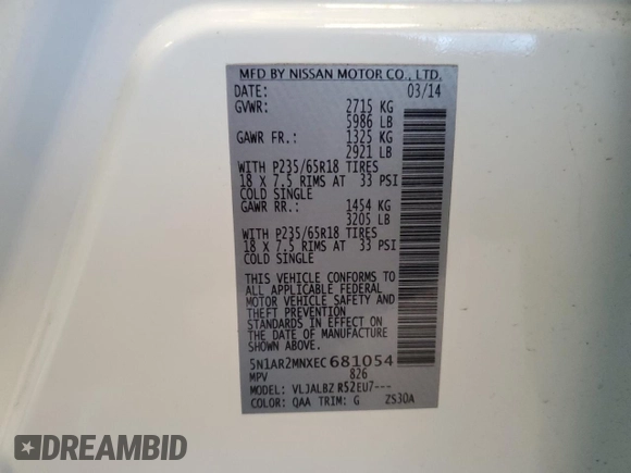 2014 Nissan Pathfinder SL with VIN 5N1AR2MNXEC681054, listed as a Copart auction lot 55751075 with 139,830 mi miles and Clean Title. Bid and sale history available at DreamBid. Image 13.