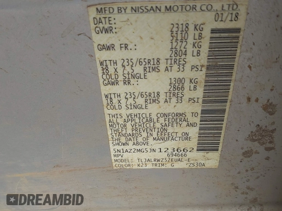 2018 Nissan Murano SL z VIN 5N1AZ2MG5JN123662, wystawiony jako IAAI lot #42371325 z przebiegiem 71 150 mil mil oraz . Historia ofert i sprzedaży dostępna na DreamBid. Obrazek 9.