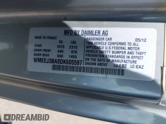 2013 Smart fortwo Pure with VIN WMEEJ3BA8DK605597, listed as a IAAI auction lot 42395754 with 55,637 mi miles and . Bid and sale history available at DreamBid. Image 9.