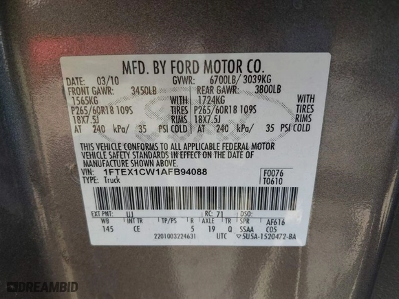 2010 Ford F-150 XL with VIN 1FTEX1CW1AFB94088, listed as a IAAI auction lot 41337645 with 117,680 mi miles. Bid and sale history available at carsss.com. Image 9.