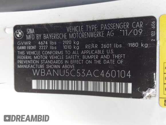 2010 BMW 5 Series 528i with VIN WBANU5C53AC460104, listed as a IAAI auction lot 42136658 with 107,031 mi miles and . Bid and sale history available at carsss.com. Image 9.