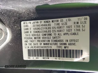 2010 Honda CR-V LX with VIN JHLRE4H33AC002519, listed as a IAAI auction lot 42577053 with 290,435 mi miles and . Bid and sale history available at DreamBid. Image 12.
