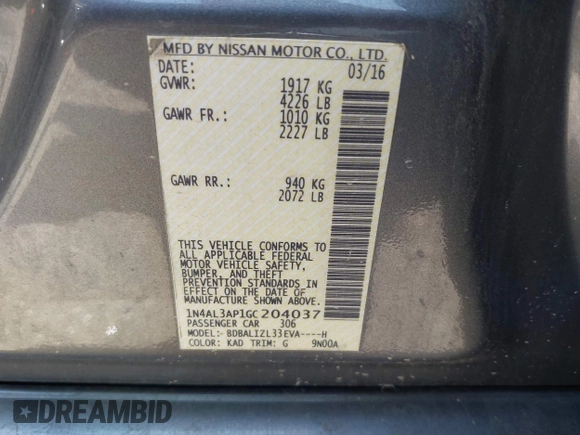 2016 Nissan Altima SR with VIN 1N4AL3AP1GC204037, listed as a IAAI auction lot 42558701 with 82,002 mi miles and . Bid and sale history available at DreamBid. Image 9.