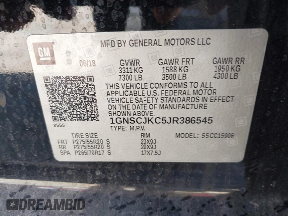 2018 Chevrolet Suburban Premier z VIN 1GNSCJKC5JR386545, wystawiony jako IAAI lot #41684349 z przebiegiem 130 511 mil mil oraz . Historia ofert i sprzedaży dostępna na DreamBid. Obrazek 9.