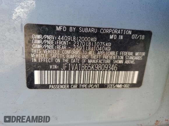 2019 Subaru WRX Premium с VIN JF1VA1B65K9809346, выставлен на аукционе Copart как лот 43814465 с пробегом 89 692 миль миль и Списание • Salvage title. История ставок и продаж доступна на DreamBid. Изображение 14.