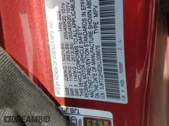 2019 Acura RDX w/A-Spec Pkg with VIN 5J8TC2H62KL008676, listed as a Copart auction lot 55479714 with 76,770 mi miles and Salvage title. Bid and sale history available at DreamBid. Image 15.