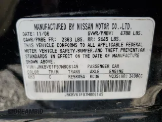 2007 Infiniti G35 with VIN JNKBV61F97M806145, listed as a Copart auction lot 53632115 with 216,347 mi miles and Salvage Title. Bid and sale history available at DreamBid. Image 12.
