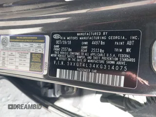 2019 Kia Optima LX with VIN 5XXGT4L34KG314075, listed as a IAAI auction lot 41656527 with 72,131 mi miles. Bid and sale history available at carsss.com. Image 9.