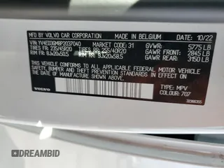 2023 Volvo C40 Recharge Pure Electric Ultimate with VIN YV4ED3GM8P2037040, listed as a Copart auction lot 37162894 with Not Provided miles. Bid and sale history available at carsss.com. Image 15.