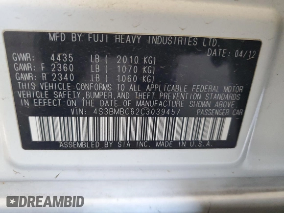 2012 Subaru Legacy Premium with VIN 4S3BMBC62C3039457, listed as a Copart auction lot 63305115 with 82,679 mi miles and Salvage title. Bid and sale history available at DreamBid. Image 13.