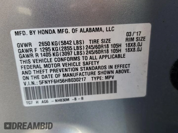 2017 Honda Pilot EX-L with VIN 5FNYF6H56HB030217, listed as a Copart auction lot 43574145 with 91,996 mi miles and Salvage Title. Bid and sale history available at DreamBid. Image 14.