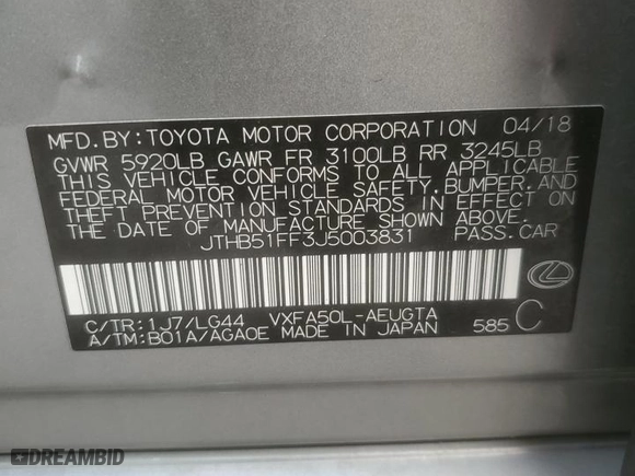 2018 Lexus LS with VIN JTHB51FF3J5003831, listed as a Copart auction lot 44027965 with 74,113 mi miles and Salvage Title. Bid and sale history available at carsss.com. Image 13.