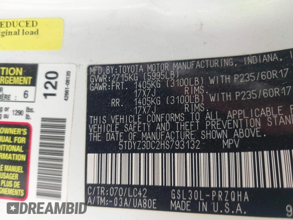 2017 Toyota Sienna XLE Auto Access Seat with VIN 5TDYZ3DC2HS793132, listed as a IAAI auction lot 41769803 with 145,112 mi miles and . Bid and sale history available at DreamBid. Image 9.