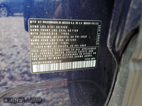 2022 Volkswagen Tiguan SE with VIN 3VV3B7AX9NM124110, listed as a Copart auction lot 49133975 with 22,292 mi miles and Salvage title. Bid and sale history available at DreamBid. Image 15.