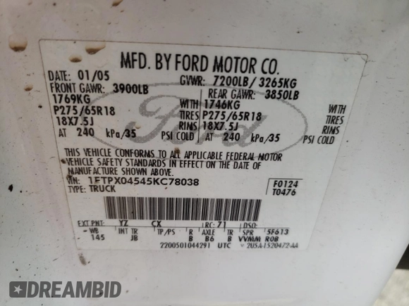 2005 Ford F-150 XLT with VIN 1FTPX04545KC78038, listed as a Copart auction lot 45789955 with 178,608 mi miles and Salvage title. Bid and sale history available at DreamBid. Image 14.