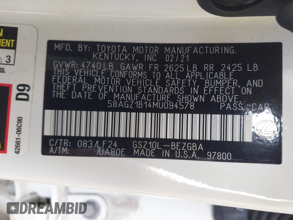2021 Lexus ES 350 F Sport with VIN 58AGZ1B14MU094578, listed as a IAAI auction lot 41768656 with 47,333 mi miles and . Bid and sale history available at DreamBid. Image 9.