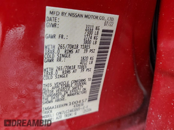 2023 Nissan Titan SV z VIN 1N6AA1EDXPN100457, wystawiony jako Copart lot #81621194 z przebiegiem 21 820 mil mil oraz Szkoda całkowita • Salvage title. Historia ofert i sprzedaży dostępna na DreamBid. Obrazek 13.