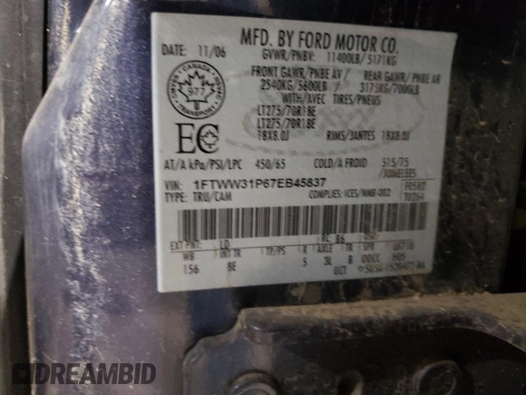 2007 Ford F-350 XL with VIN 1FTWW31P67EB45837, listed as a Copart auction lot 89255585 with 160,785 mi miles and Salvage title. Bid and sale history available at DreamBid. Image 12.