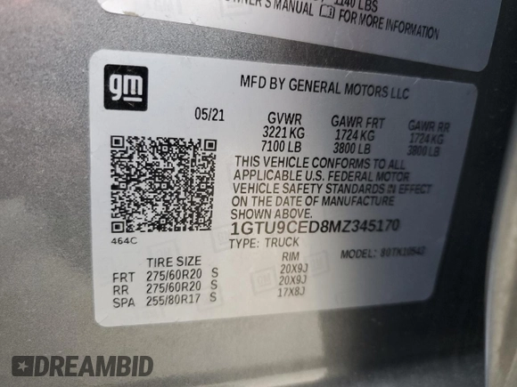 2021 GMC Sierra 1500 Elevation with VIN 1GTU9CED8MZ345170, listed as a Copart auction lot 44020005 with 45,566 mi miles and Clean Title. Bid and sale history available at DreamBid. Image 12.