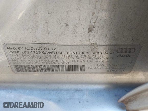 2012 Audi A4 2.0T Premium with VIN WAUAFAFL3CN020533, listed as a IAAI auction lot 42145563 with 112,275 mi miles. Bid and sale history available at carsss.com. Image 9.