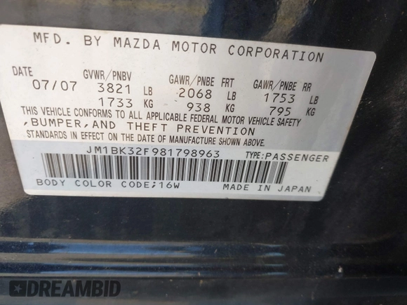 2008 Mazda 3 Man i Sport *Ltd Avail* with VIN JM1BK32F981798963, listed as a IAAI auction lot 41758841 with 187,420 mi miles. Bid and sale history available at carsss.com. Image 9.