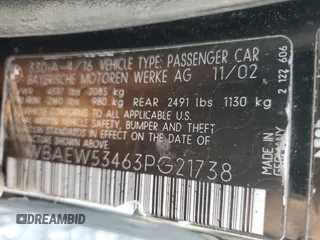 2003 BMW 3 Series 330xi with VIN WBAEW53463PG21738, listed as a Copart auction lot 72033514 with 0 mi miles and Clean Title. Bid and sale history available at carsss.com. Image 12.