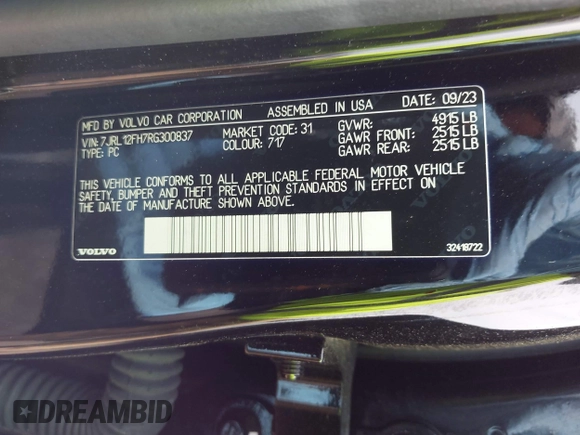 2024 Volvo S60 Plus Black Edition with VIN 7JRL12FH7RG300837, listed as a IAAI auction lot 42419110 with 9,765 mi miles and . Bid and sale history available at DreamBid. Image 9.