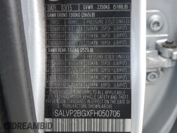 2015 Land Rover Range Rover Evoque Pure Plus with VIN SALVP2BGXFH050706, listed as a Copart auction lot 53273225 with 78,979 mi miles and Salvage Title. Bid and sale history available at carsss.com. Image 13.
