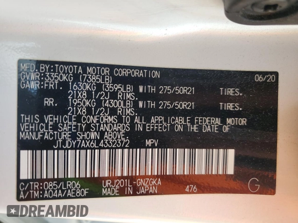 2020 Lexus LX 570 with VIN JTJDY7AX6L4332372, listed as a Copart auction lot 57315675 with 132,418 mi miles and Salvage title. Bid and sale history available at DreamBid. Image 14.