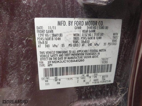 2012 Ford Edge SEL with VIN 2FMDK3JC1CBA45260, listed as a IAAI auction lot 42024673 with 183,328 mi miles. Bid and sale history available at carsss.com. Image 9.
