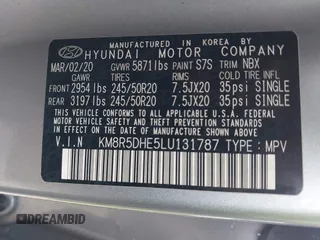 2020 Hyundai Palisade Limited with VIN KM8R5DHE5LU131787, listed as a IAAI auction lot 41789845 with 76,595 mi miles and . Bid and sale history available at DreamBid. Image 9.