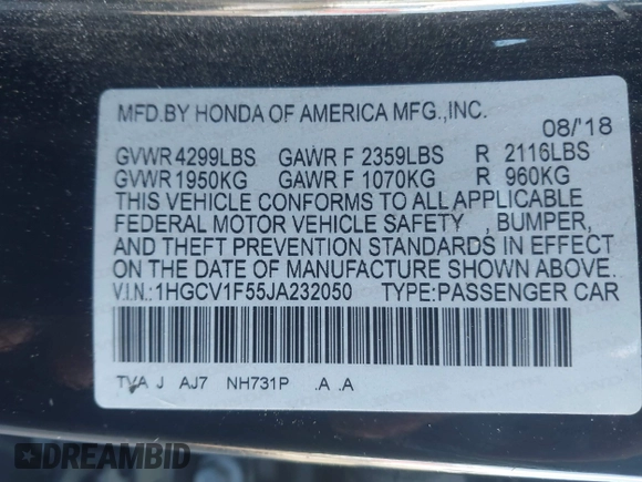 2018 Honda Accord EX-L z VIN 1HGCV1F55JA232050, wystawiony jako IAAI lot #42126564 z przebiegiem 196 283 mil mil oraz . Historia ofert i sprzedaży dostępna na DreamBid. Obrazek 9.