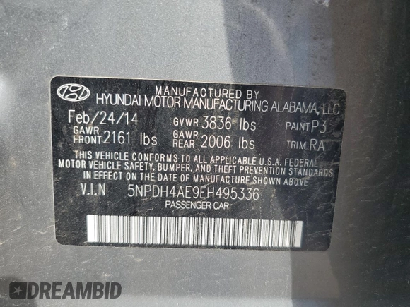 2014 Hyundai Elantra SE with VIN 5NPDH4AE9EH495336, listed as a Copart auction lot 54343835 with 156,603 mi miles and Salvage Title. Bid and sale history available at DreamBid. Image 12.