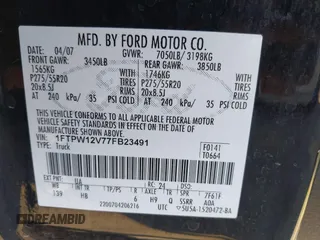 2007 Ford F-150 XLT with VIN 1FTPW12V77FB23491, listed as a IAAI auction lot 38533525 with 246,132 mi miles. Bid and sale history available at carsss.com. Image 9.