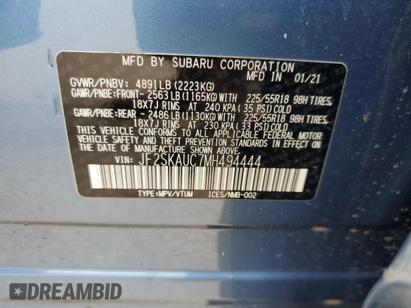 2021 Subaru Forester Limited z VIN JF2SKAUC7MH494444, wystawiony jako Copart lot #61404755 z przebiegiem 66 980 mil mil oraz Szkoda całkowita • Salvage title. Historia ofert i sprzedaży dostępna na DreamBid. Obrazek 15.