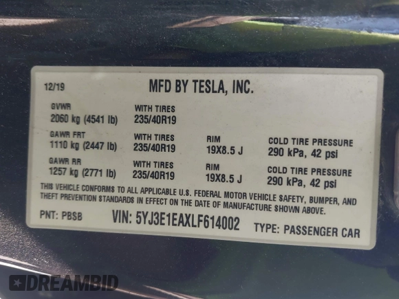 2020 Tesla Model 3 Standard Range Plus with VIN 5YJ3E1EAXLF614002, listed as a IAAI auction lot 41758898 with 42,363 mi miles and . Bid and sale history available at DreamBid. Image 9.