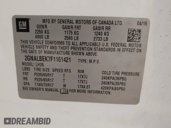 2015 Chevrolet Equinox LT с VIN 2GNALBEK7F1161421, выставлен на аукционе IAAI как лот 42559808 с пробегом 137 398 миль миль и . История ставок и продаж доступна на DreamBid. Изображение 9.