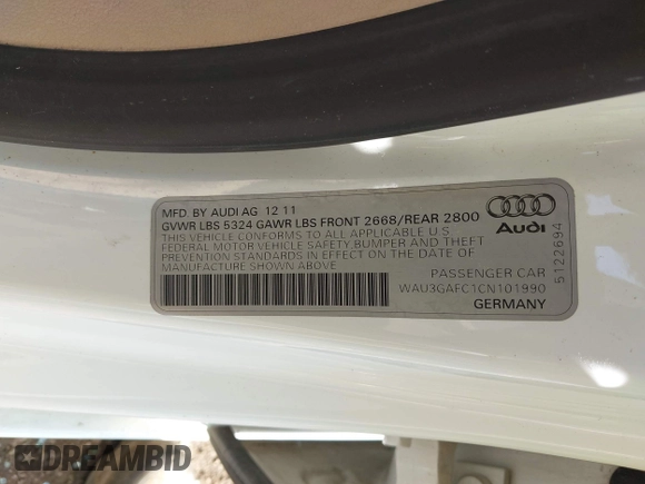 2012 Audi A7 Prestige with VIN WAU3GAFC1CN101990, listed as a IAAI auction lot 42452981 with Not provided miles and . Bid and sale history available at DreamBid. Image 9.