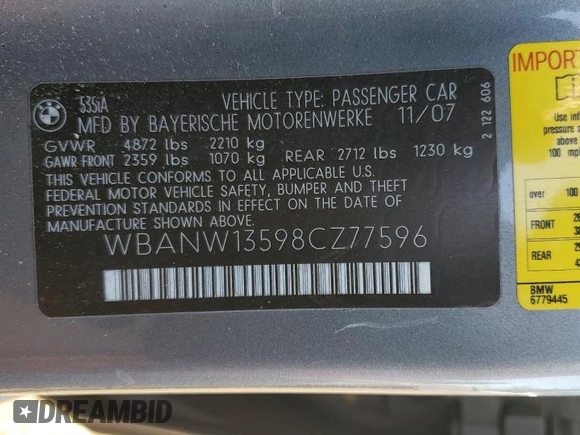 2008 BMW 5 Series 535i with VIN WBANW13598CZ77596, listed as a Copart auction lot 81843564 with 272,078 mi miles and Salvage Title. Bid and sale history available at carsss.com. Image 13.