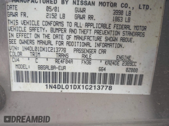 2001 Nissan Altima GXE with VIN 1N4DL01DX1C213778, listed as a IAAI auction lot 41230878 with 204,003 mi miles. Bid and sale history available at carsss.com. Image 9.