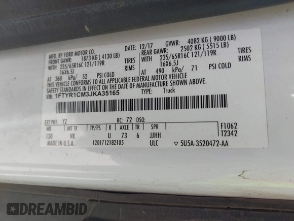 2018 Ford Transit with VIN 1FTYR1CM3JKA35165, listed as a IAAI auction lot 41481414 with 90,570 mi miles and . Bid and sale history available at DreamBid. Image 9.