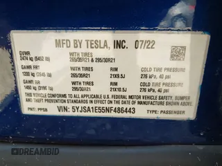 2022 Tesla Model S with VIN 5YJSA1E55NF486443, listed as a IAAI auction lot 42720110 with Not provided miles and . Bid and sale history available at DreamBid. Image 9.